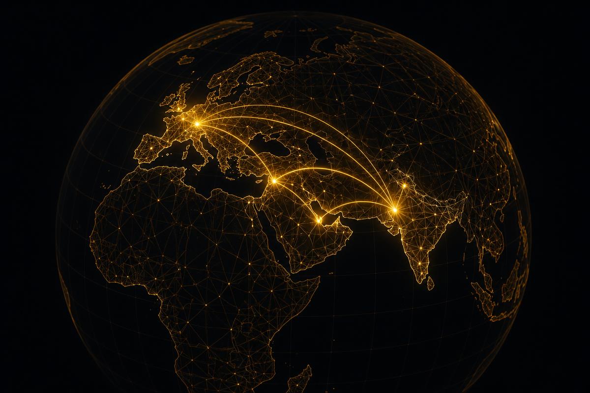 Amber wireframe globe with connection arcs linking India, the Gulf and Europe