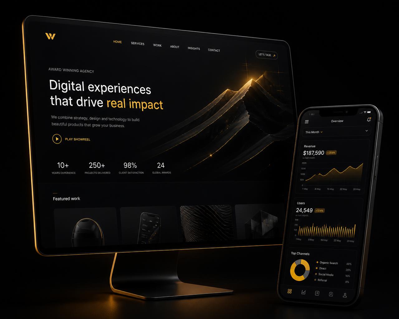 Premium dark agency website and analytics dashboard designed by Nexa Dzine