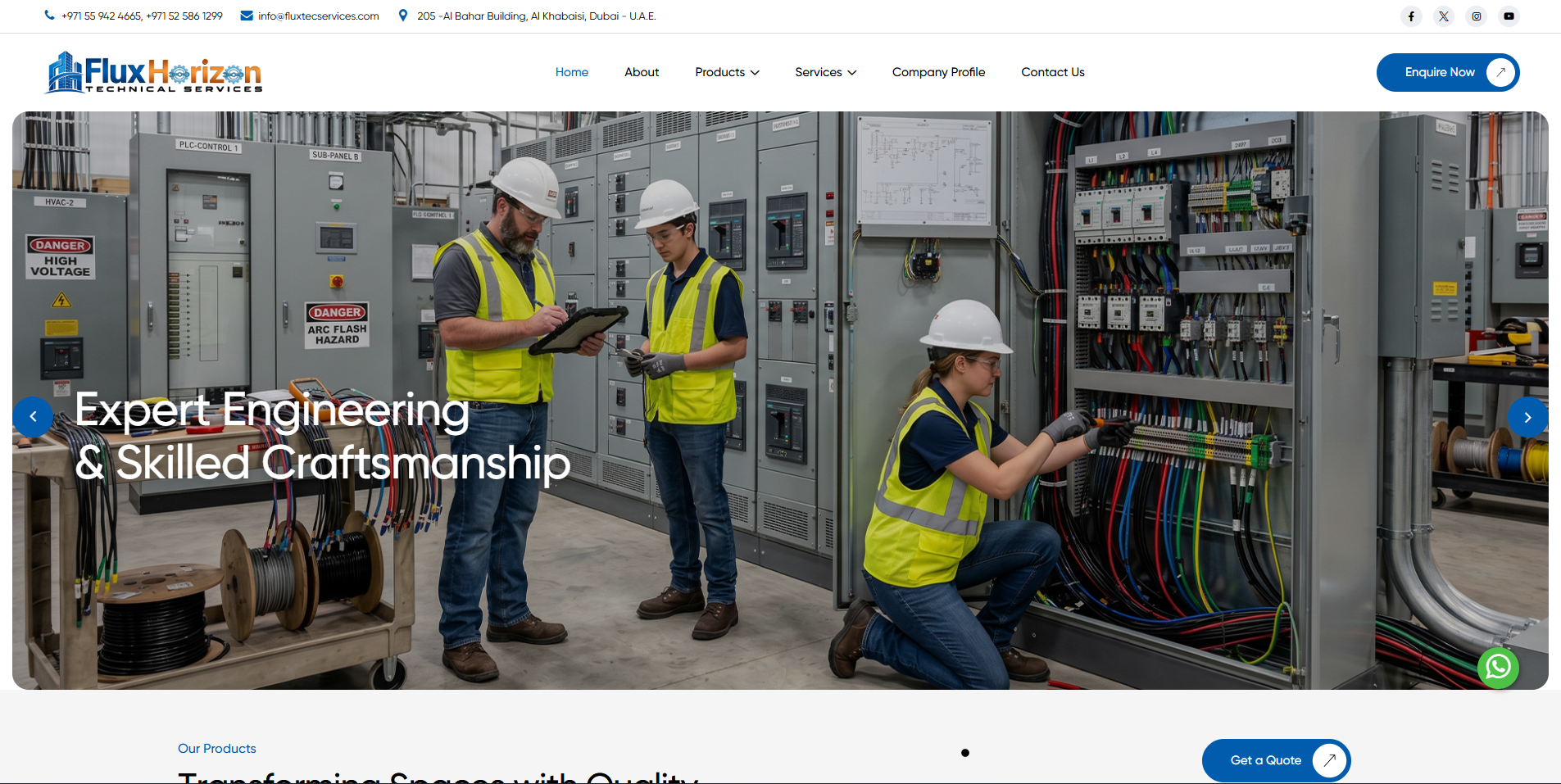Flux Horizon Technical Services website featuring expert engineering and skilled craftsmanship