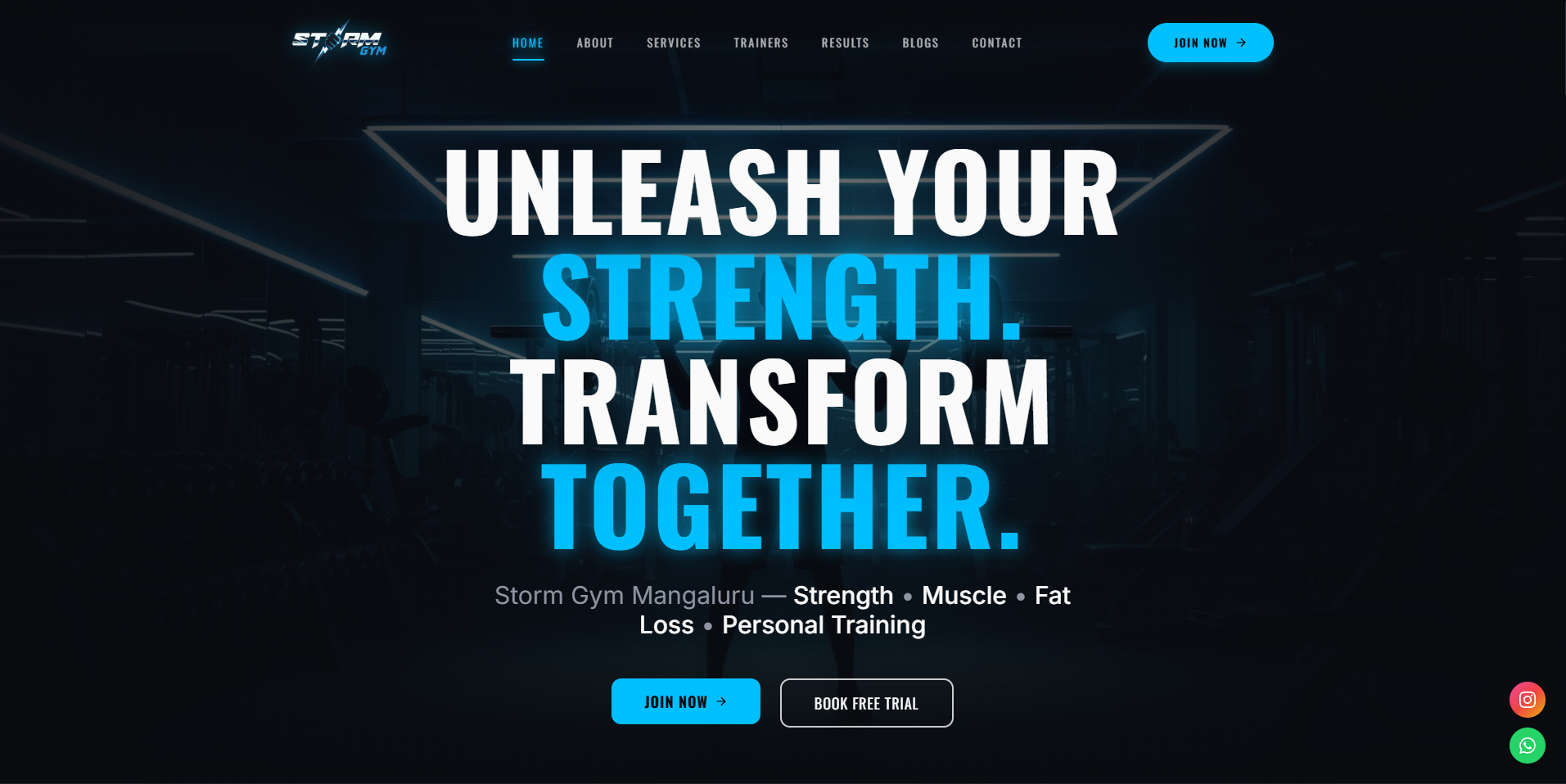 Storm Gym website featuring unleash your strength transform together