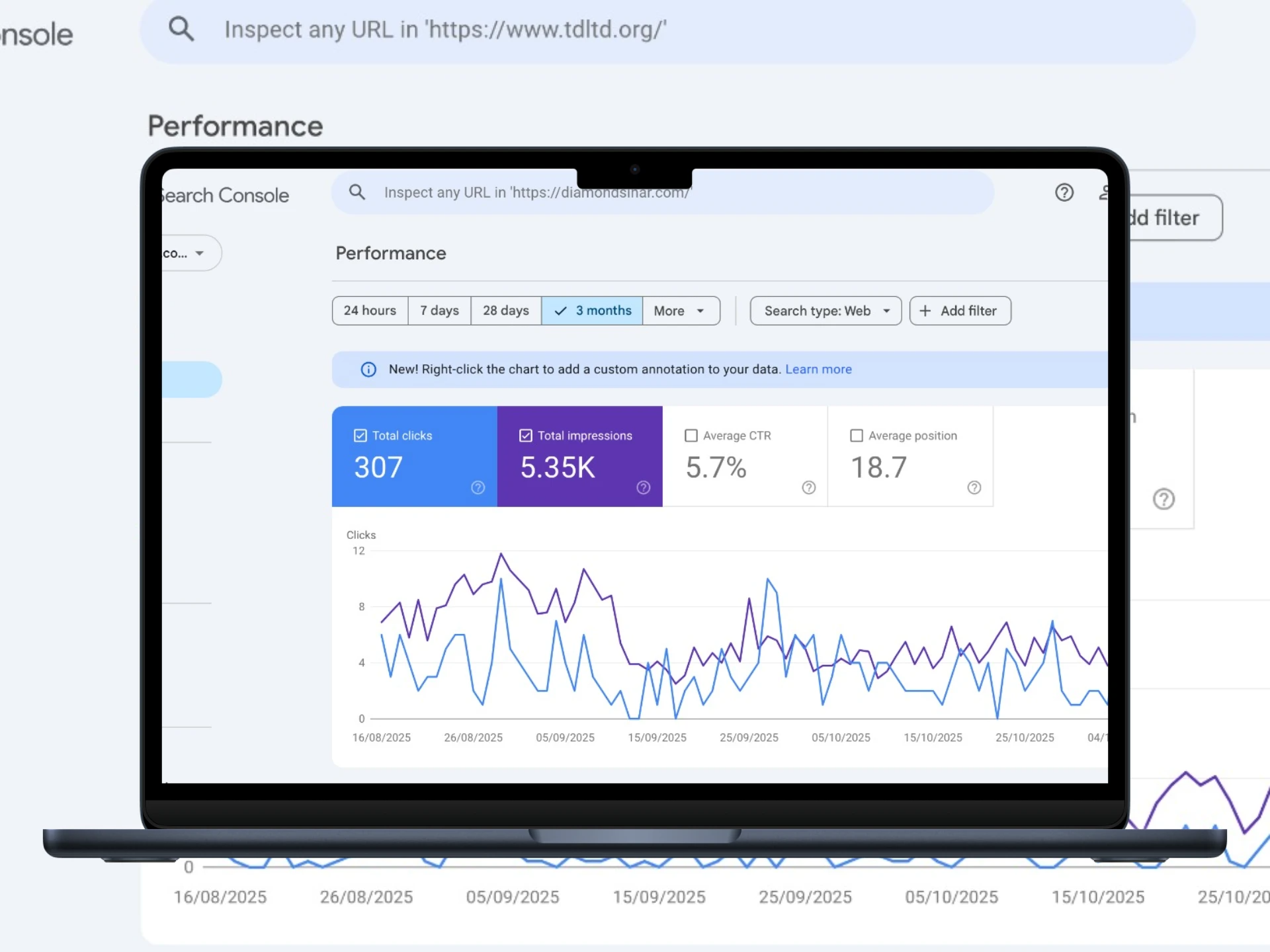 Search console performance dashboard showing search traffic and analytics charts on a laptop