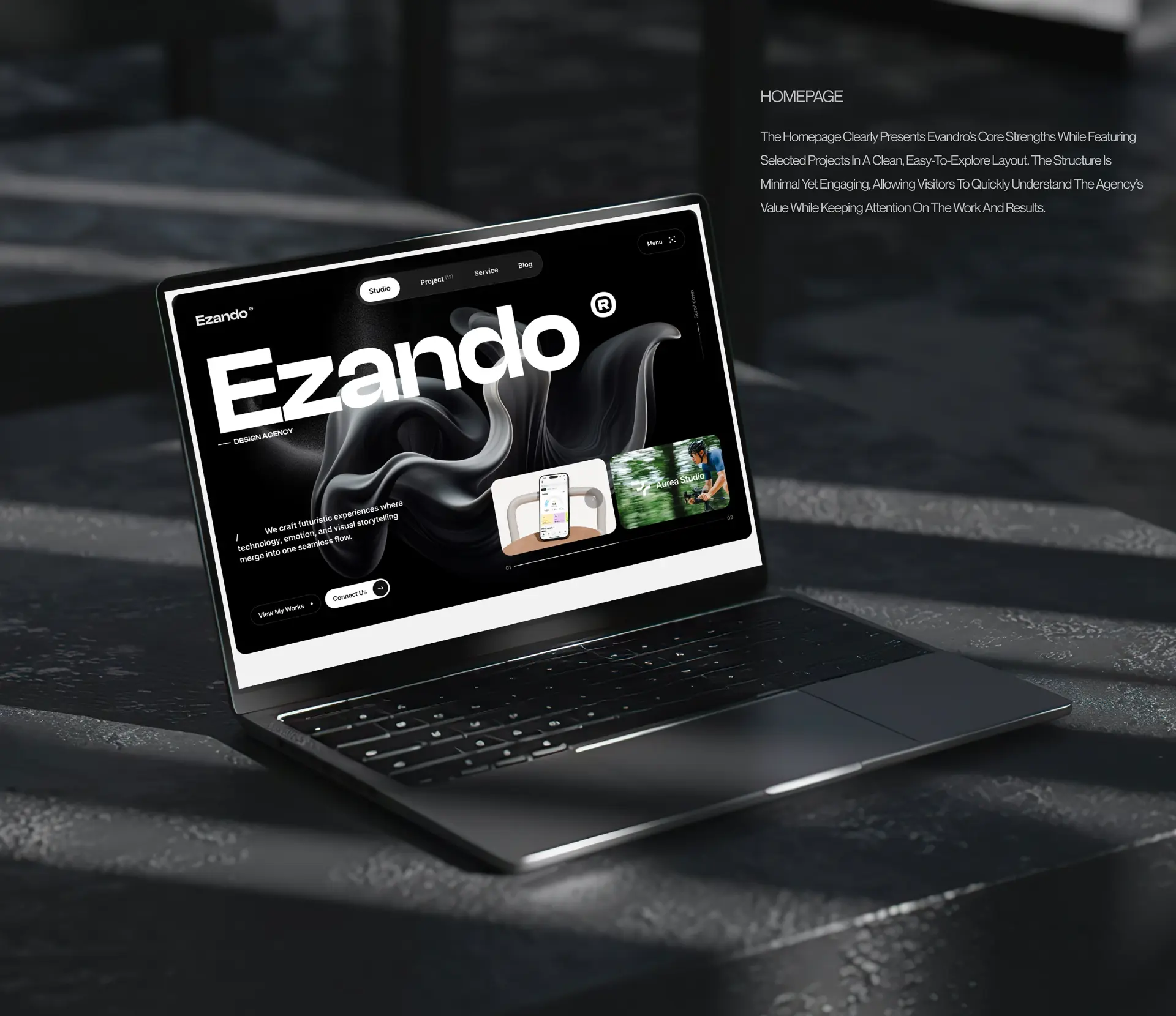 Modern design agency website landing page shown on a laptop screen with dark aesthetic